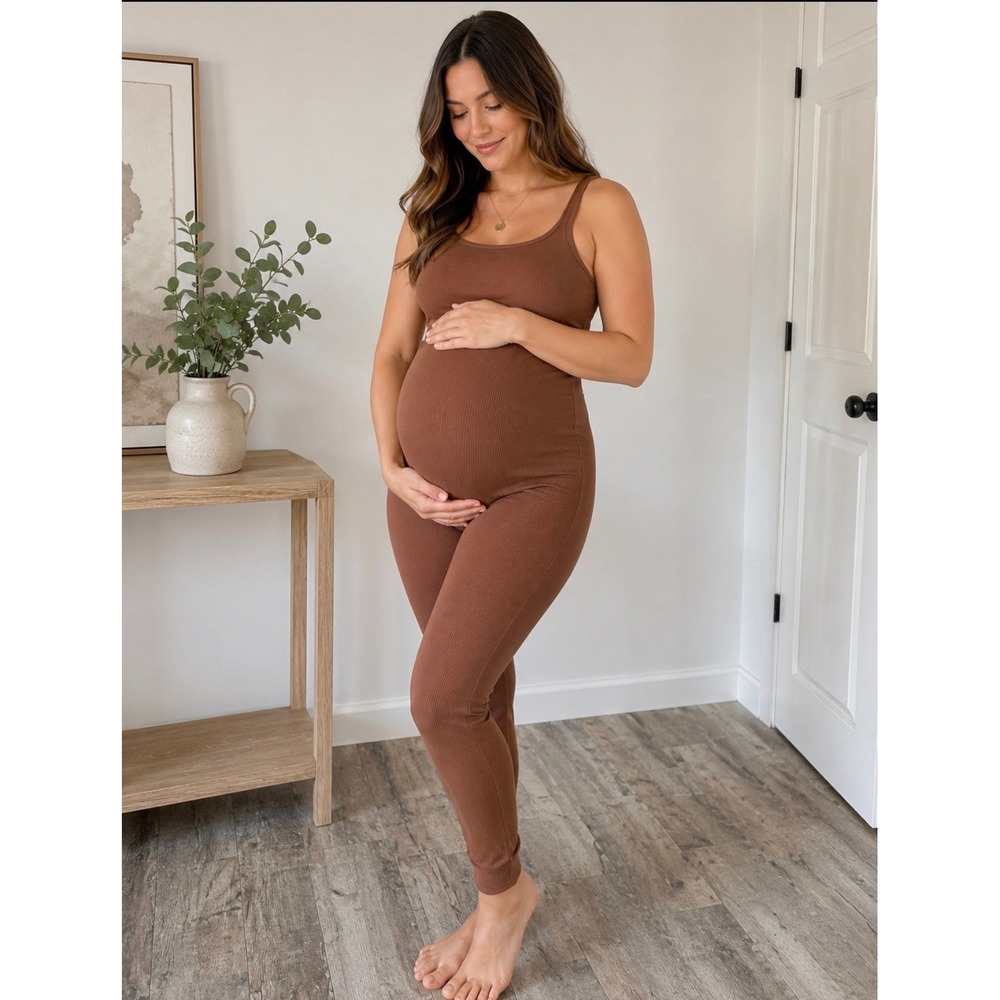 Maternity Ribbed Sleeveless Jumpsuit Brown Scoop Neck Bodysuit Small